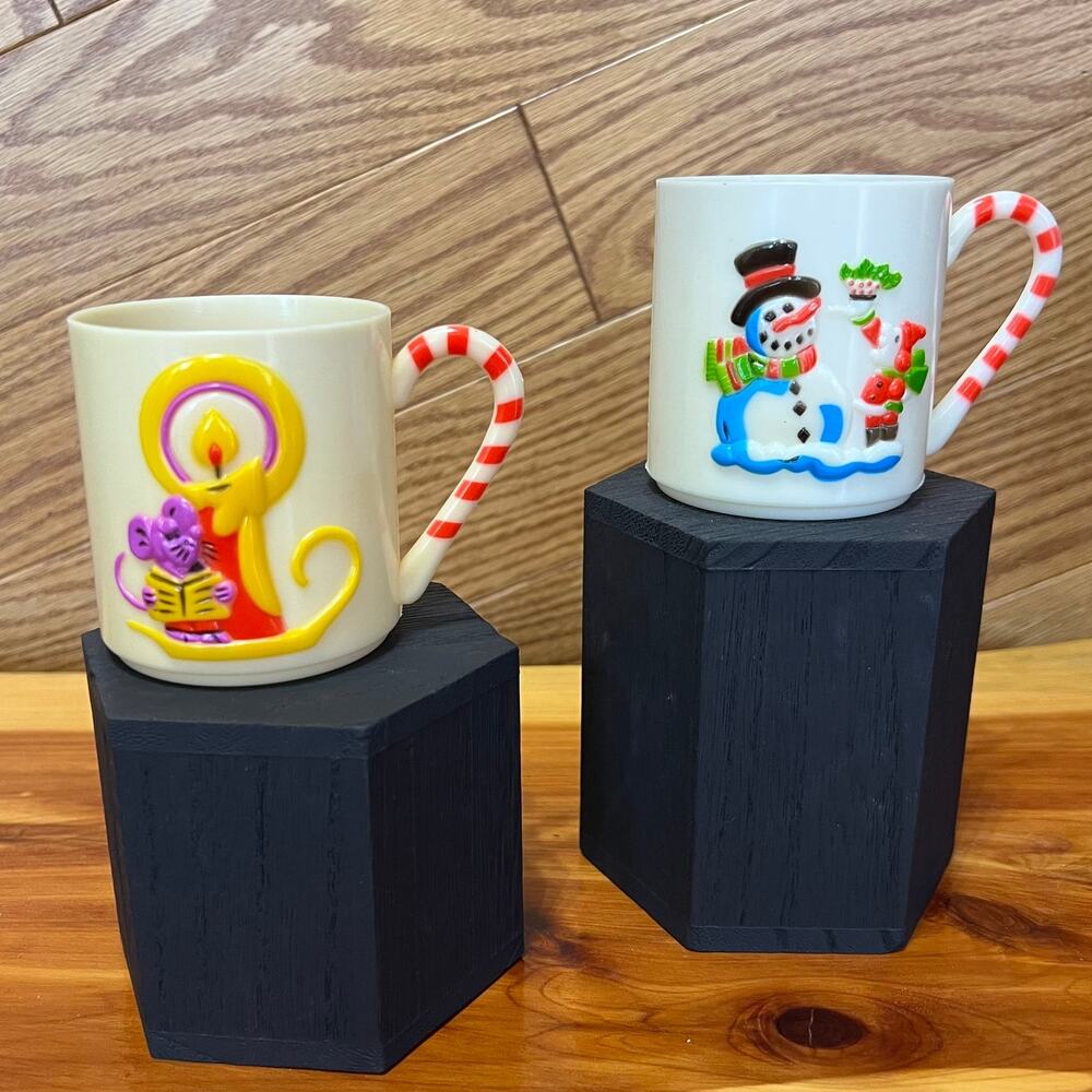 Vintage 1985 Sterling House Plastic Christmas Kids Mugs Snowman Mouse‎ Hong Kong